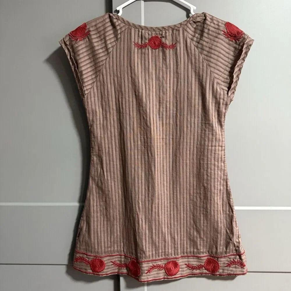 Free People Women Embroidered Scoop Neck Short Sleeve Stripe Top Brown 0 Boho - Picture 3 of 6